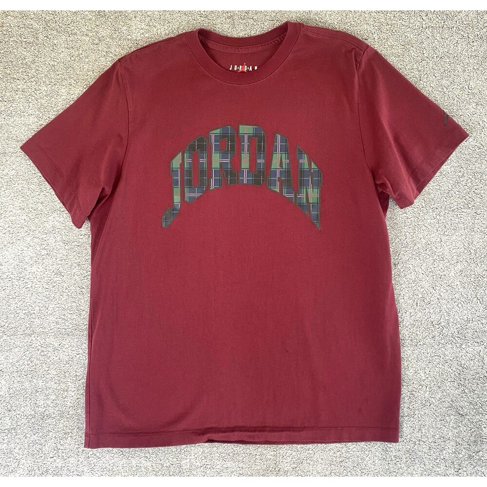 Nike Air Jordan Men's T-Shirt Plaid Spellout Logo Maroon Short Sleeve Size XL
